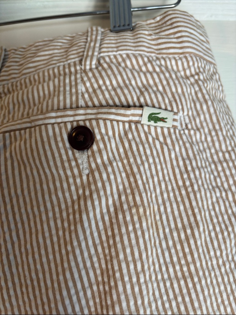 Lacoste Beige and White Seersucker Flat Front Shorts